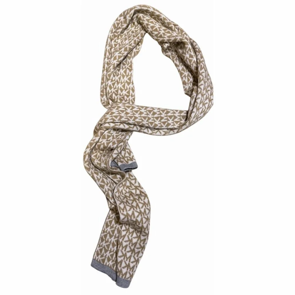 Michael Kors Knit Scarf Beige Cream Logo Monogram Gray Trim